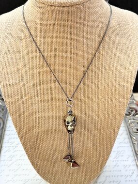Swarovski Crystal Gold Skull Pendant Necklace Oxidized Sterling Silver Chain 30”